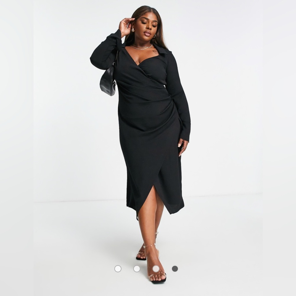 ASOS DESIGN Curve 70s drape front wrap midi dress in black